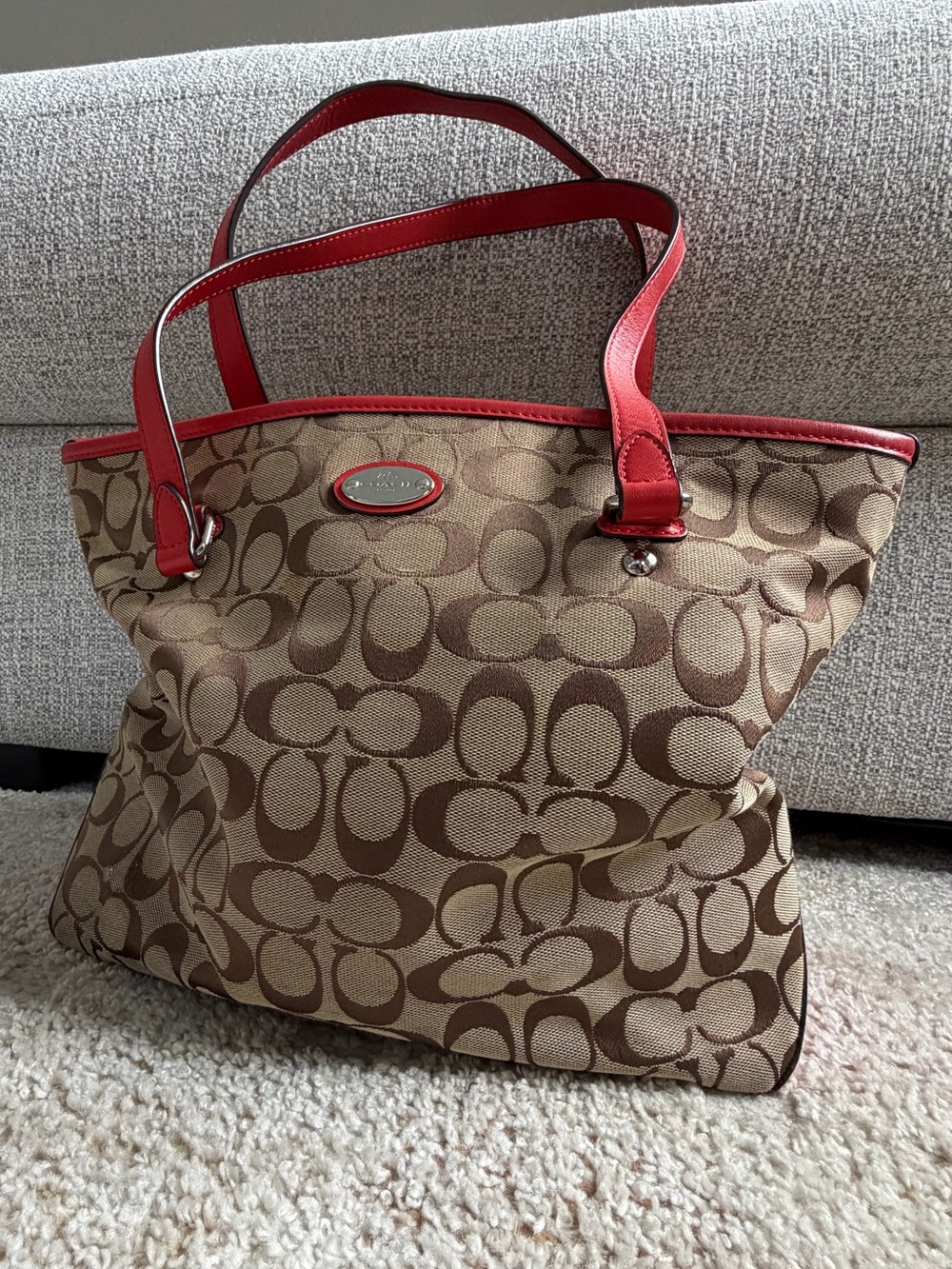 Coach Beige Signature Canvas Tote with Red Leather Trim